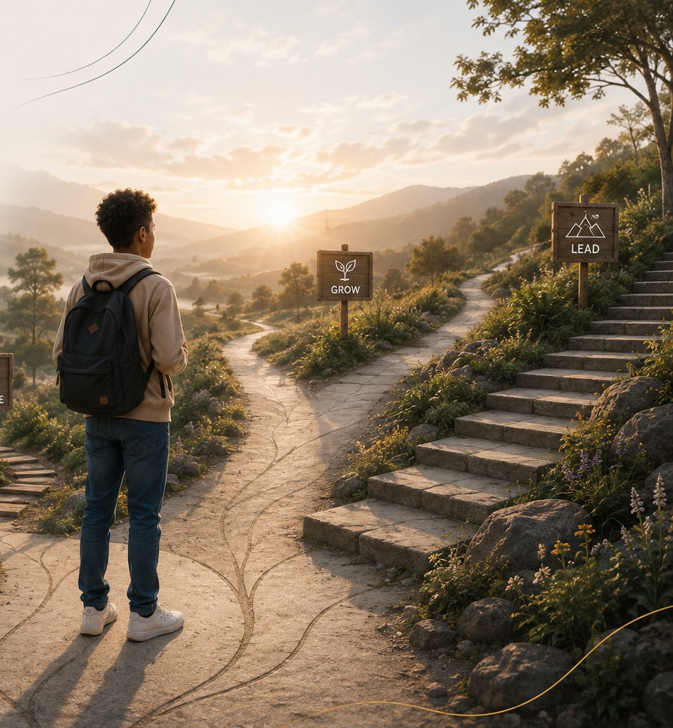 A Ceimora student with a backpack looking toward a sunrise over a winding path with stone steps and signs reading Grow and Lead